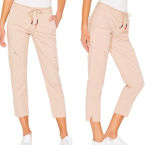 NEW Anthropologie Sundry Carpenter Paint Ankle Crop Pants Boho Tan Drawstring - Picture 1 of 16